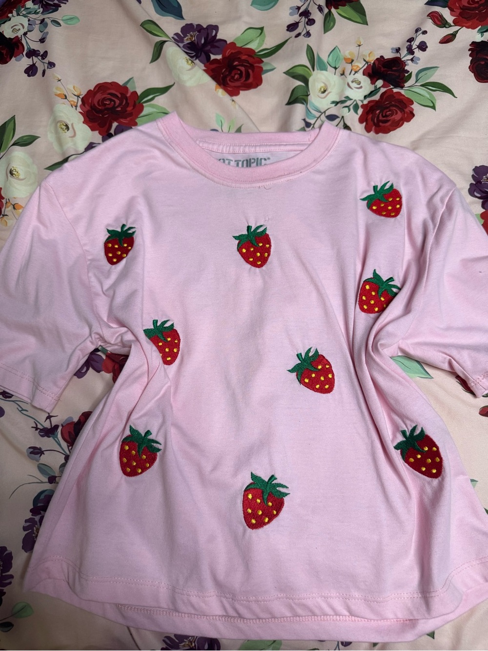 Hot Topic Pink Crop Top with Red Strawberry Embroidery